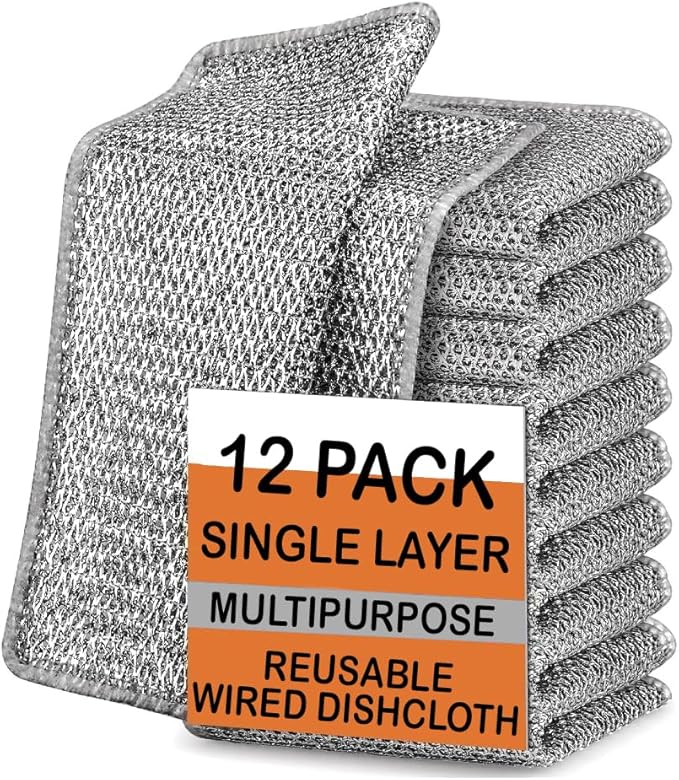 KOOCE Non Scratch Dish Wash Cloth for Kitchen Reusable Non Scratch Wire Dish Cloth Multipurpose Wire Dishwashing Rags for Wet and Dry Cleaning Scrubber Dish Cloth (12 Pcs [Single Layer])