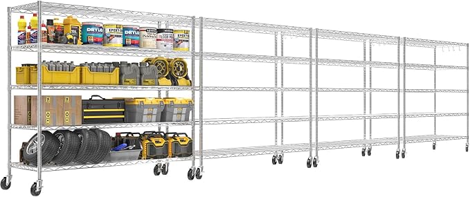48" W Garage Shelving with Wheels Storage Shelves 5 Tier Wire Shelving Adjustable Metal Storage Shelves for Garage, Basement, Warehouse, Commercial, Industrial, 48" W x 81" H x 24" D 4Pack