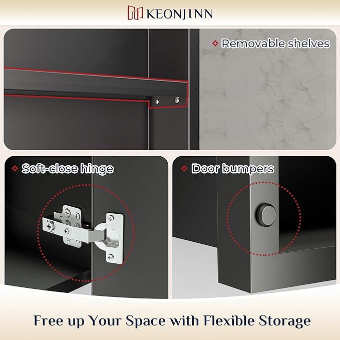 Keonjinn 40” x 30” Medicine Cabinets for Bathroom with Mirror Recessed or Surface Wall-Mounted Aluminum Alloy Framed Beveled Mirror with Soft Close Hinge, 2 Doors Silver Mirrored Cabinet
