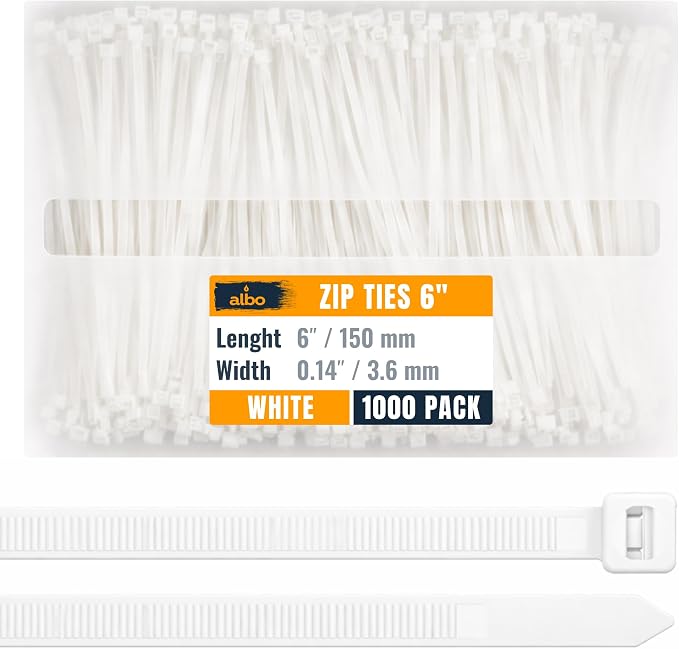 ALBO Zip Ties White 6 Inch 1000 Pack 40 lb, Long Plastic Cable Ties Thick 0.14 Inch Tie Wraps Heavy Duty UV Resistant Nylon Wire Ties for Indoor and Outdoor