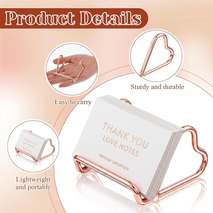Business Card Holder for Desk Heart Shaped Card Display Stand | Cute Metal Business Cards Holder Vertical Desktop Name Card Organizer Small Phone Stand for Office, Wedding, Rose Gold