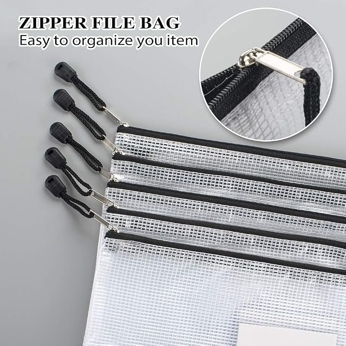 Sooez 20 Pack Mesh Zipper Pouch Bags, A4 Letter Size Zipper Bag with Label Pocket, Waterproof Bag for Classroom Organizer, School Office Supplies, Storage Pouches for Board Game Toy Storage, Black