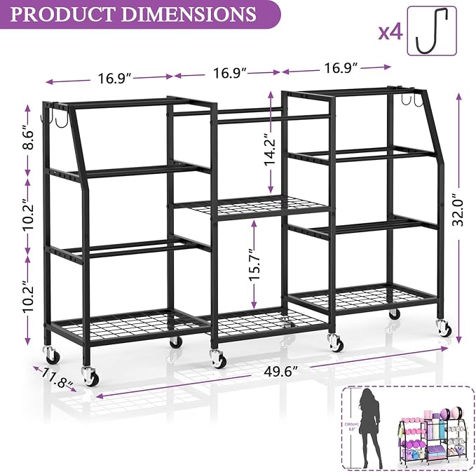 Dumbbell Rack, Yoga Mat Storage Rack, Home Gym Storage Rack for Kettlebells, Exercise Equipment Storage with Wheels and Hooks, All in One Home Gym Equipment Organizer