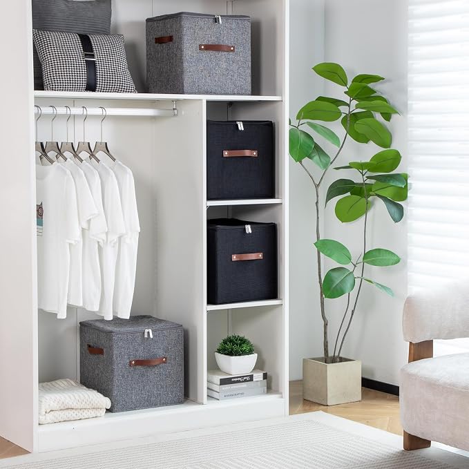 4PCS Storage Cubes with Zippered Lids Fabric Storage Bins Boxes | with 3 PU Leather Handles Cotton Linen Decorative Foldable Washable Lidded Shelf Closet Organizer Container (Black, 11 Inch)