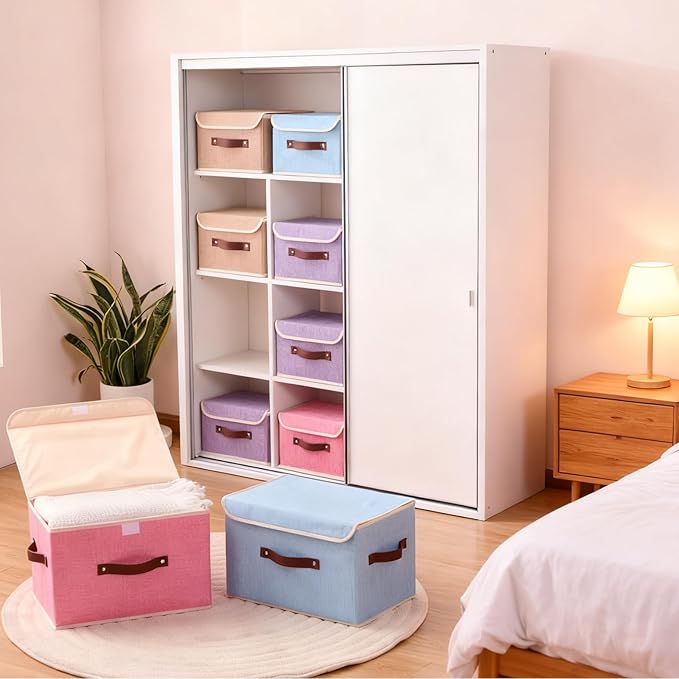 2PCS Storage Boxes with Lid Cotton Linen Fabric Storage Bins Organizer Container Decorative Collapsible Washable Shelf Closet Baskets Faux Leather Handles Home Bedroom (Light Blue, Large)