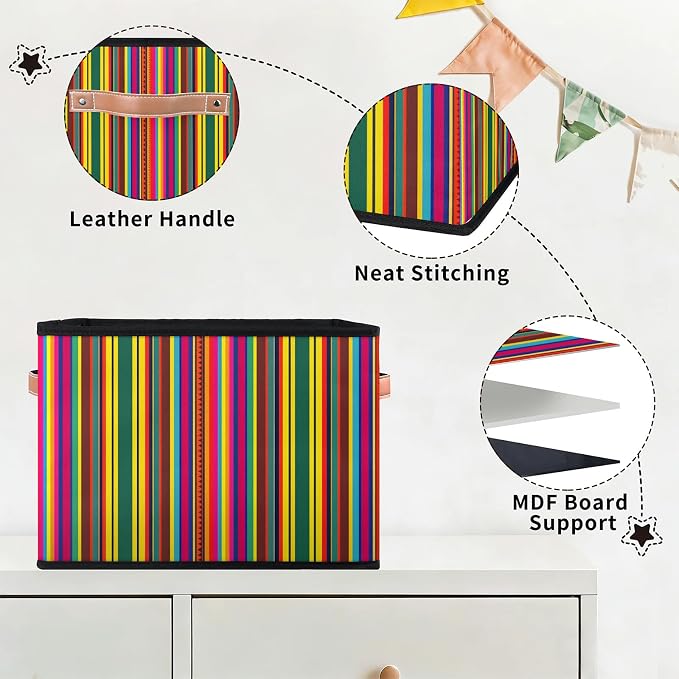 Mexican Stripes Closet Storage Bin, Foldable Storage Baskets for Shelves, Decorative Shelf Organizer Colorful Vertical Line Fabric Cube Bin for Living Room Bedroom Home Dorm