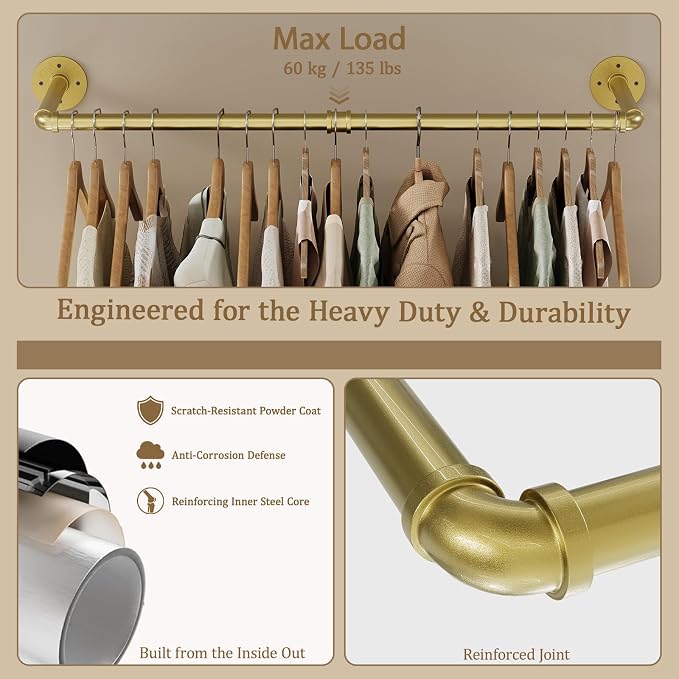 Wall Mounted Clothes Rack 2 Pack, Industrial Pipe Clothing Rack 36 Inch Gold, Wall Clothes Hanger for Bedroom, Cloakroom, Closet, Hallway, Boutique Display, Drying Racks Wall-Mount for Laundry