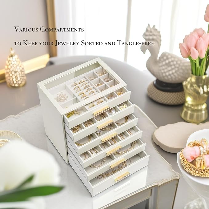 VLANDO 6-Drawer Jewelry Box with Glass Lid, Faux Leather Organizer for Rings Earrings Necklaces and More, Gift-Ready Jewelry Case for Women Girls or Moms, Beige