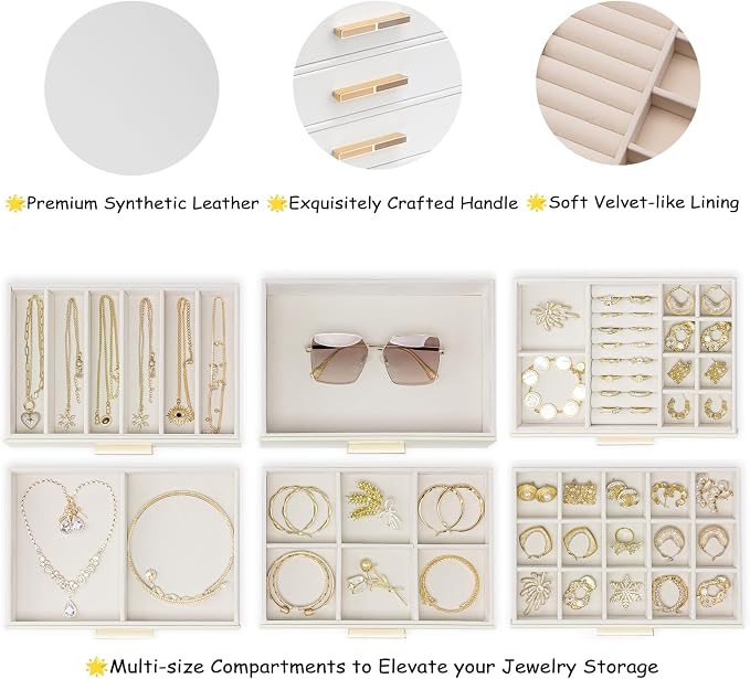 VLANDO 6-Drawer Jewelry Box with Glass Lid, Faux Leather Organizer for Rings Earrings Necklaces and More, Gift-Ready Jewelry Case for Women Girls or Moms, White
