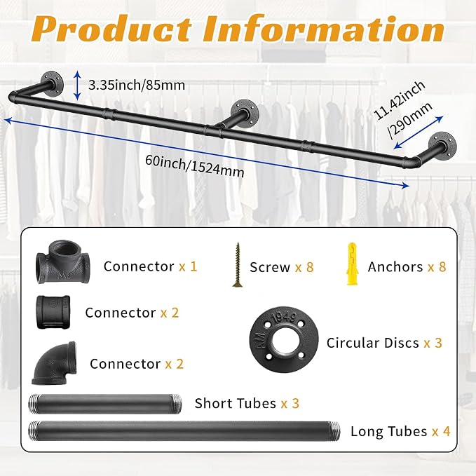 60 INCH Industrial Pipe Clothes Rack,Wall Mounted Clothes Rack,Metal | 150lbs Max Heavy Duty Clothing Rack,Powder Coating Surface,Space-Saving Hanging Rod for Laundry Room,Bedroom,Closet Storage