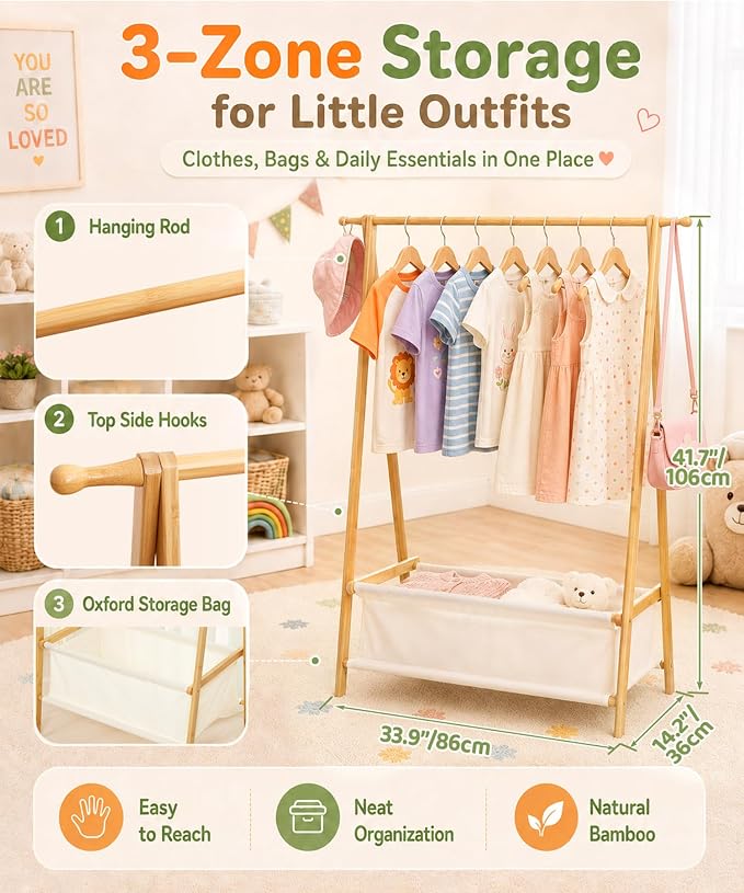 Homde Sturdy Kids Clothes Rack: 66 lb Capacity for Growing Wardrobe Needs | Hanging Rod Holds Clothes, Basket Stores Items Below - Helps Kids Build Tidy Habits - Angled Bamboo Side Frames Add Stability
