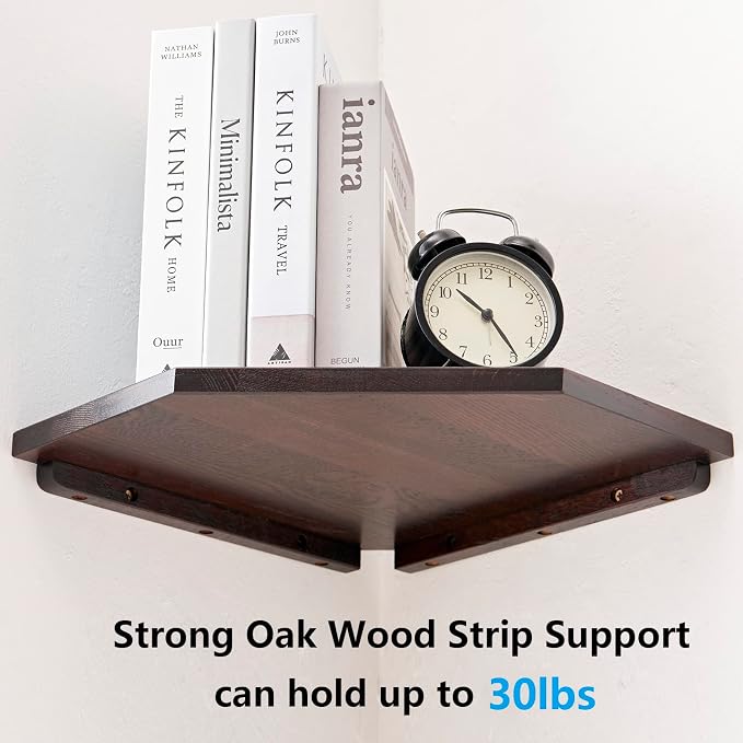 Corner Wall Shelf, Solid Oak Wood White Floating Corner Shelf Organizer with Wire Hole Small Plant Display for Kitchen Bedroom, Dark Walnut