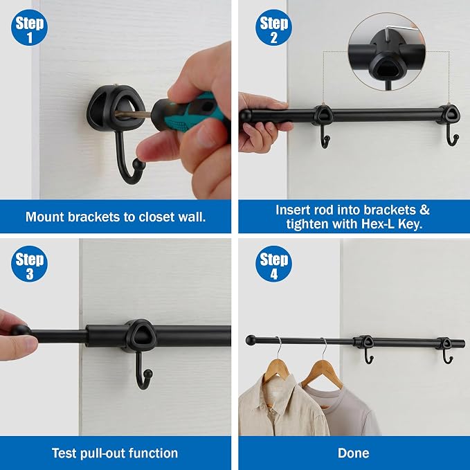 Valet Rod for Closet Pull Out with Hooks, Easy To Install (Black, 12 Inch)
