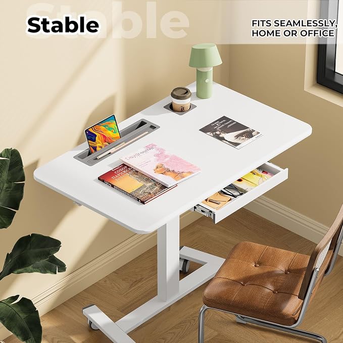 40"×24" Mobile Standing Desk with Drawer, Cup Holder & Hooks | Height Adjustable Portable Desk on Wheels, Small Computer Desk, Rolling Laptop Cart for Home Office, Classroom, White