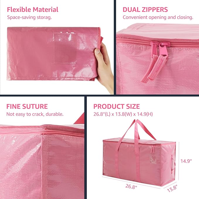 Moving Bags Heavy Duty Extra Large, Moving Boxes, Moving Supplies Essentials,Storage Bins with Lids, Plastic Packing Totes, Storage Bags for Clothes with Handles & Zippers(Pink, 8 Pack)