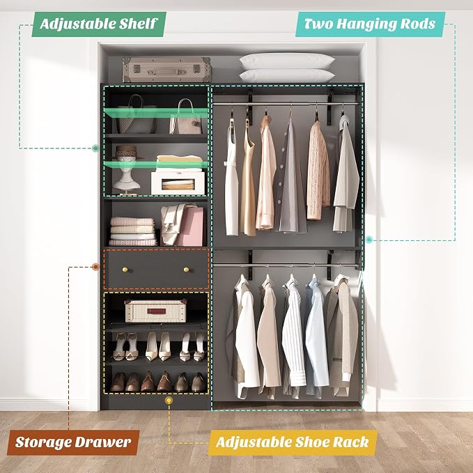 [10 FT Closet System] 120 Inch Reversible Set of 2 Wood Closet Organizer System with 2 Drawers, 4 Hanging Rods Adjustable Shelf, Walk In Closet Organizers with Shoe Rack, Garment Rack, Black