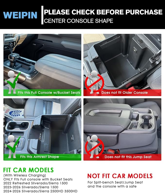 Silverado Sierra Center Console Organizer - Refreshed Models 2024-2026 Chevy Silverado/GMC Sierra 2500HD 3500HD - (Full Console w/Bucket Seats ONLY) - Black