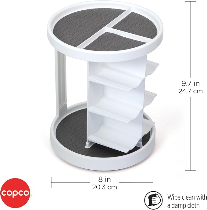 Copco 2-Tier Lazy Susan Turntable Organizer for Cabinet, Pantry, and Counter - Rotating Vitamin, Supplement, and Spice Storage with Nonslip Liner and Six Cradles