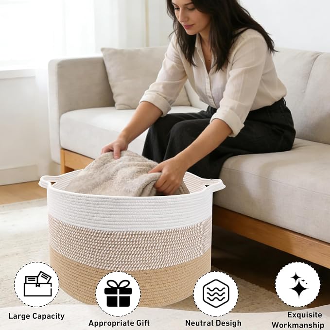 90L Large Blanket Basket,21.7"L x 21.7"W x 13.8"H Rope Woven Baskets with Handles, Toys Storage Bins,Laundry Basket Perfect for Living Room, Nursery,Bedroom,Home Organization,Yellow