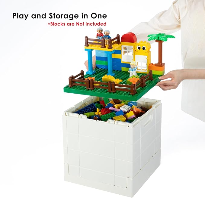 SHIMOYAMA Collapsible Storage Box with Large Building Base for Duplo Blocks, 26 Qt. Foldable Storage Bin (Dark Green)