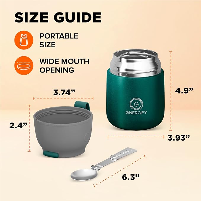 Vacuum Insulated Food Jar. Large 17oz Bowl incl. Folding Spoon, Cup. Wide Mouth Keep Hot & Cold Drinks Soup Lunch Container for Adults. BPA-Free Stainless Steel, Proof Brilliant Green