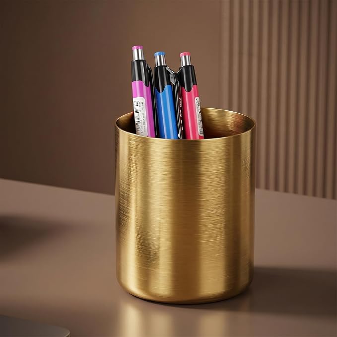 Stainless Steel Gold Pen Holder, Multi-Purpose Desk Pencil Cup, Elegant Makeup Brush Organizer for Office Home Vanity Decor, 3.9 Inch