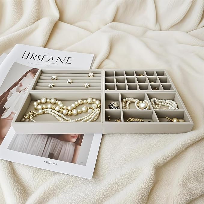 Stackable Jewelry Organizers and Storage with Velvet Jewelry Trays, Earring Organizer and Jewelry Drawer Organizer Inserts for Drawers