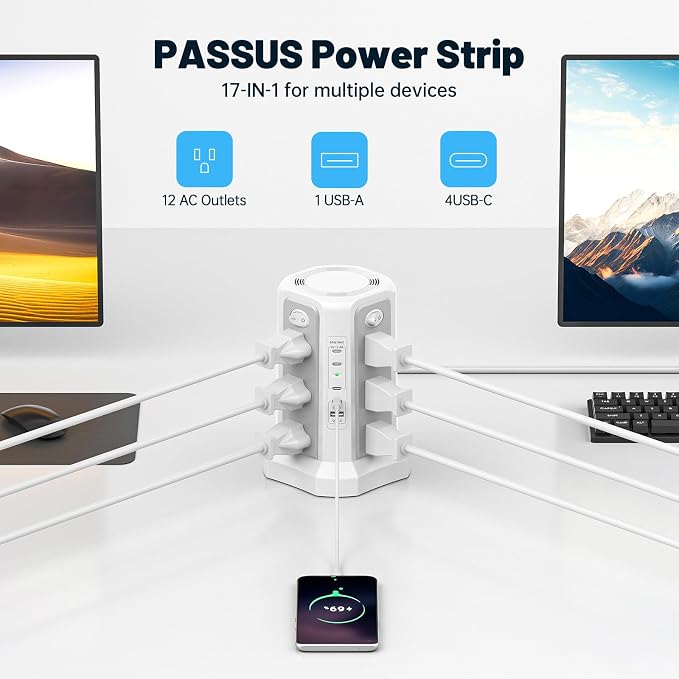 PASSUS PD 65W USB C Fast Desktop Charging Station Tower Power Strip | Surge Protector, 12 Widely Spaced AC Outlets, 4 USB C, 1 USB A, 10FT Extension Cord Overload Protection