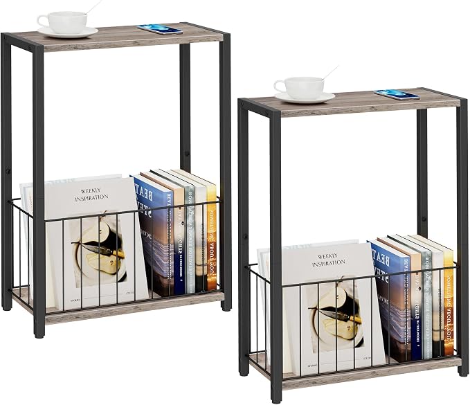 Homleke Narrow Side Tables Set of 2 with Magazine Holder, Skinny End Tables | Space-Saving Design, Small Spaces, Storage Shelf, Metal Frame, Easy Assembly, 7.1" D x 16.9" W x 23.6" H, Greige