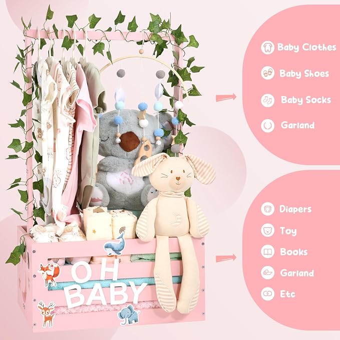 Large Baby Shower Gifts Basket Wooden Crate, Personalized Wooden Letters Hangers New Born Baby Girl Boy Pregnancy Gifts for New Mom Parents Vine Decorations Cute Closet with Adjustable Handle Pink