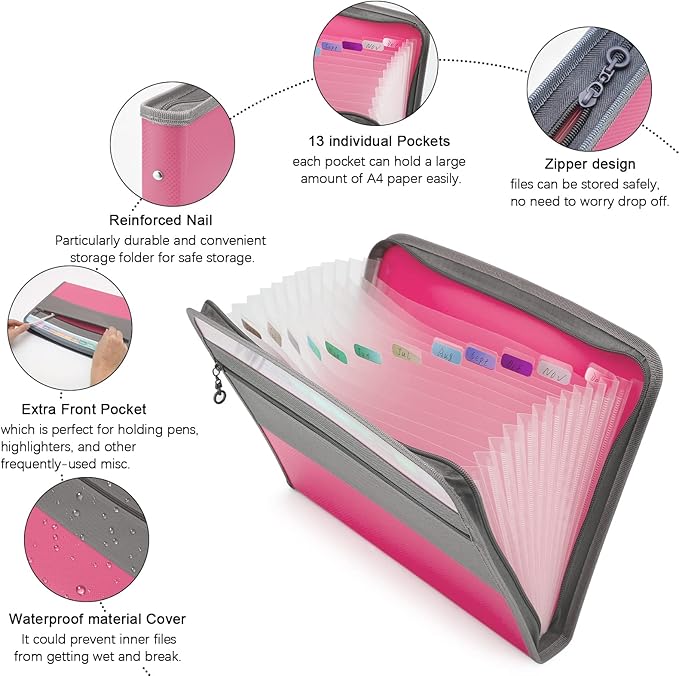 NAFY Expanding File Folders, 2Pack 13 Pockets Document Organizer with Zipper, A4 Letter Size Portable Accordion Expanding File Folders with Multicolor Labels for Office School Supplies (Black+Pink)