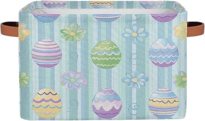 Rectangular Storage Bins Easter Egg Flower Stripes Collapsible Fabric Storage Basket Organizer with Handles for Nursery Bedroom Bathroom