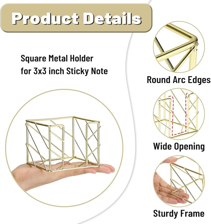 BTSKY Metal Sticky Note Holder, 3x3 Inch Post It Note Dispenser, Modern Memo Cube Holder Desk Organizer for Office & Home, Iron Sturdy Desktop Sticky Note Storage, Gold