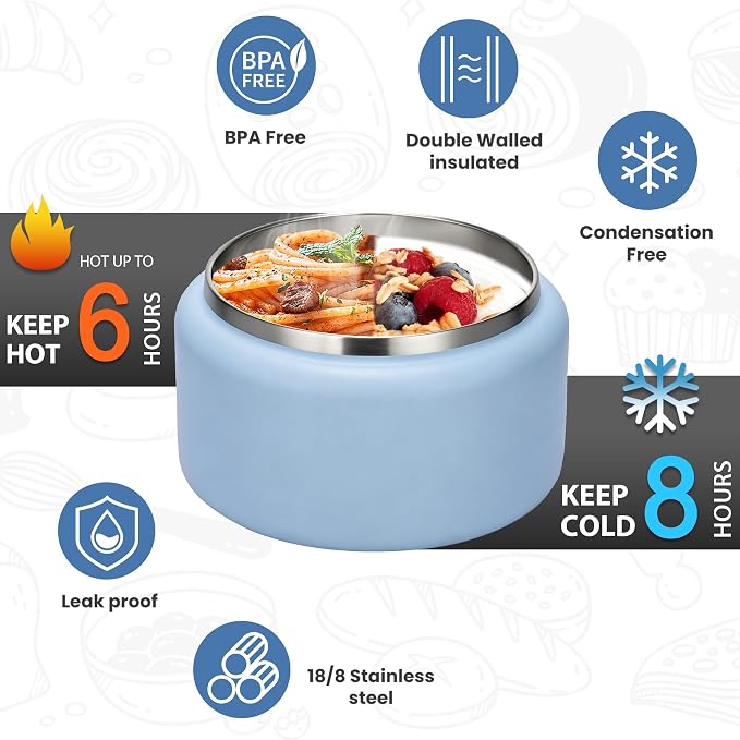 Itslife Soup Thermo for Hot Food Kids 25.5oz Lunch Containers with Buckle Lid Wide Mouth Hot Food Jar Vacuum Insulated Stainless Steel Bento Box Leakproof with Spoon (Blue3, 13.5oz)
