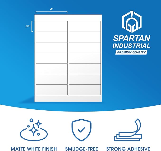 4" X 1.33" Matte White Printable Address Labels (250 Sheets, 3500 Stickers) Mailing Labels for Envelopes, File Folder Stickers for Laser & Inkjet Printers - Spartan Industrial Template R018
