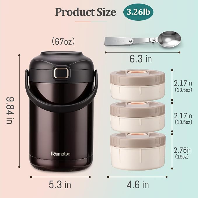 67oz Insulated Food Container with 3 Separate Bowls for Adults | Insulated Lunch Bag, One-Touch Lid, Leakproof Containers, Vacuum Insulated Stainless Steel, Keeps Food Hot For Work Travel