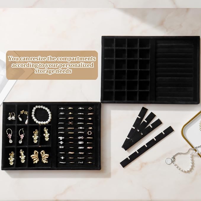 Large Jewelry Organizer for Drawer Insert Velvet Stackable Jewelry Trays for Earring Necklace Bracelet Ring Display (Black, Ring and 24 Grids)