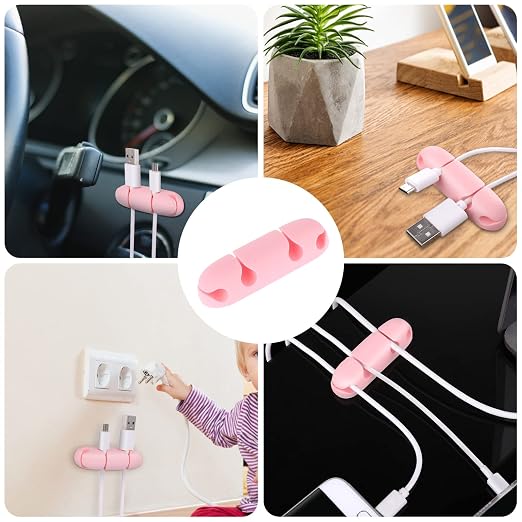 WLLHYF 3PCS Cable Clips, Cord Wire Organizer Silicone 4 Hole (Pink) | Cable Harness, USB Charging Accessory, Cable Holder for Office and Home Desk