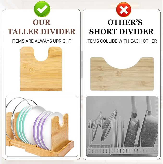 Bamboo Expandable Pot Lid Organizer, Pots and Pans Holder Rack for Cabinet | 8pcs Removable Dividers, Customized Storage, Space-saving, FSC-certified Bamboo, No Assembly