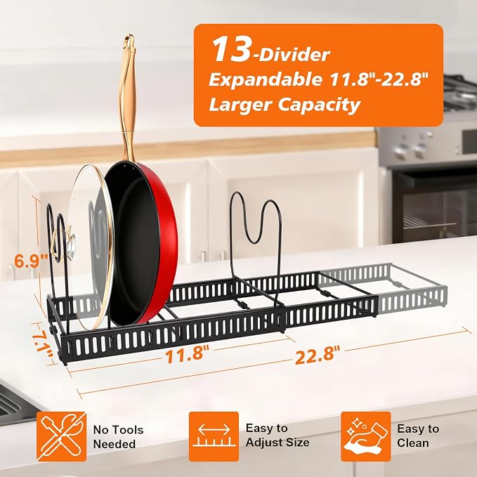 2 Pack Expandable Pot and Pan Organizer (11.8"-23") for Kitchen Cabinet - Under Sink Storage Rack with 13 Adjustable Dividers for Lids, Baking Sheets - Black & White, Tool-Free Assembly