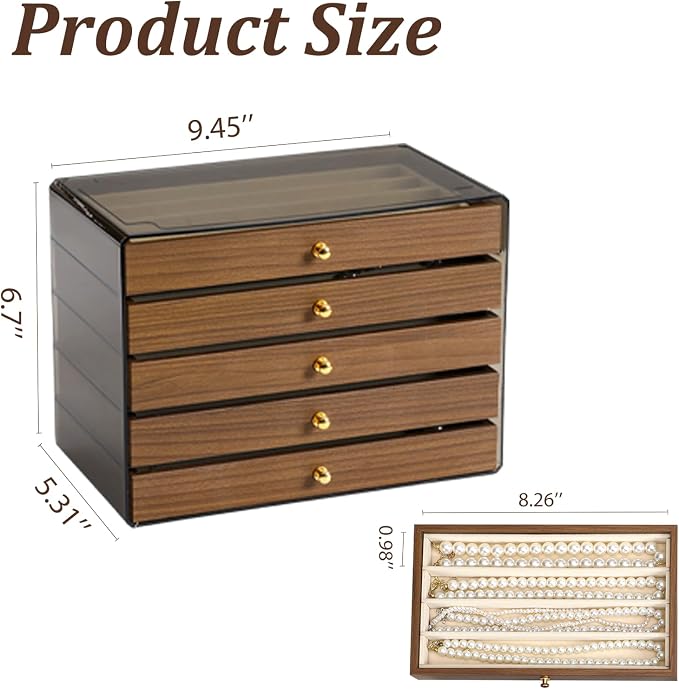 CLUQMEIK 5 Layer Necklace Jewelry Box, Vintage Wooden Jewelry Box with Acrylic Cover Stackable Necklace Storage Organizer for Women and Girls to Storing Necklaces