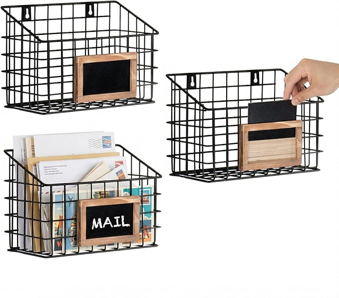 MyGift 10 Inch Wall Mounted Matte Black Metal Wire Storage Baskets with Chalkboard Labels, Small Hanging Organizer Bins for Home Entryway Kitchen Pantry Closet, Set of 3