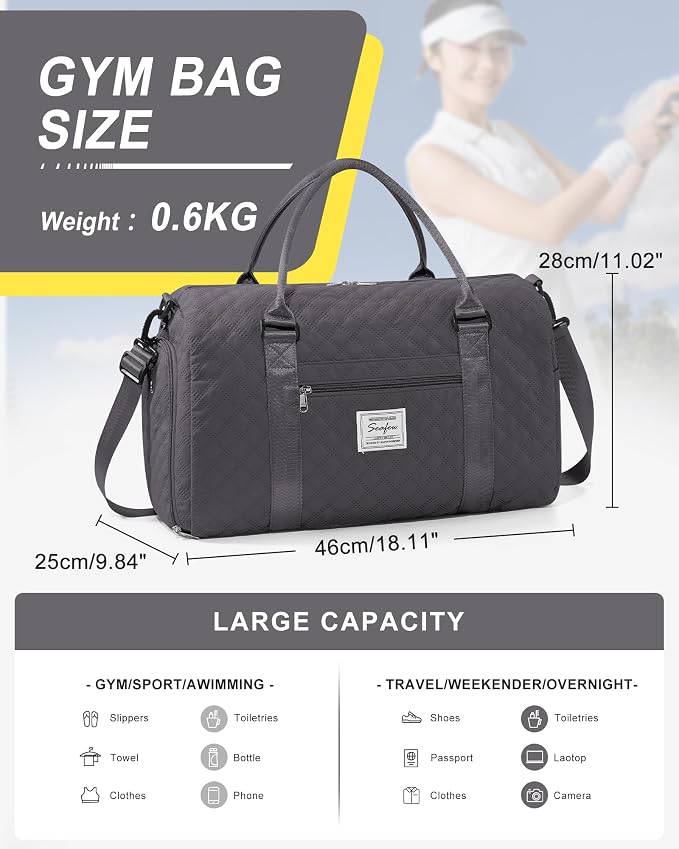 Gym Duffle Bag for Women with Shoe Compartment Waterproof Travel Tote Bags Personal Item Carry On Weekender Overnight Bags with Toiletry Bag Swimming Yoga Bags Hospital Holdalls Black Grey