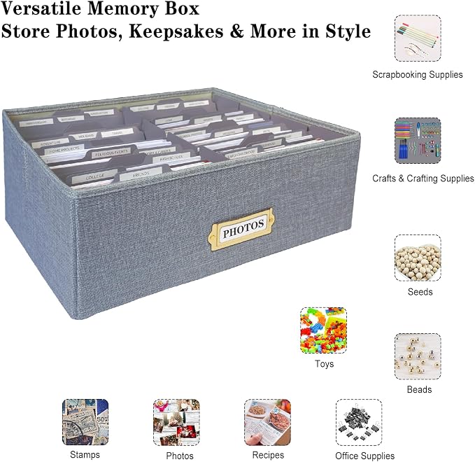Linen Photo Storage Box – Holds 1700 Photos, Photo Organizer with Lid for Photo, Pictures, 24 Adjustable Dividers & 72 Labels Multi-Use Organizer Memory Box for Envelopes, Baby, Wedding, Cards Grey