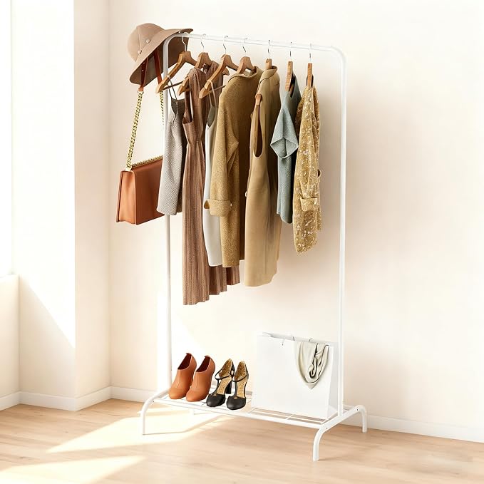 Small White Clothing Rack, Freestanding Metal Garment Rack with Bottom Shelf, Stable Clothes Rack for Small Spaces, Bedroom, Dorm, Apartment, 92LBS Capacity