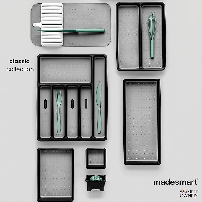 madesmart Small Silverware Tray, 5 Compartment Flatware Organizer for Forks, Knives & Spoons, Non Slip, Soft Grip Lining, Fits Small Drawers, Granite