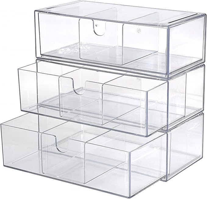 Acrylic Pencil Drawer with Removable Dividers Clear Pull Out Pen Drawer Organizer Stackable Bathroom Organizer for Makeup, Cosmetics, Office Supplies,3 Pack