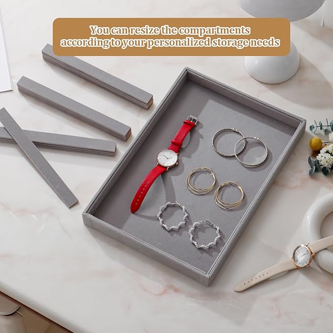 Large Jewelry Organizer for Drawer Insert Velvet Stackable Jewelry Trays for Earring Necklace Bracelet Ring Display (Gray, 16 Grids)