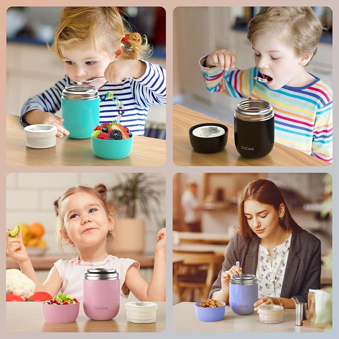 DaCool 2 Pack Food Thermo for Hot Food 16 OZ Insulated Food Jar Kids Adult Vacuum Stainless Steel Lunch Thermo Insulated Lunch Container for School Office Picnic Travel Outdoors,Black+Cyan Blue