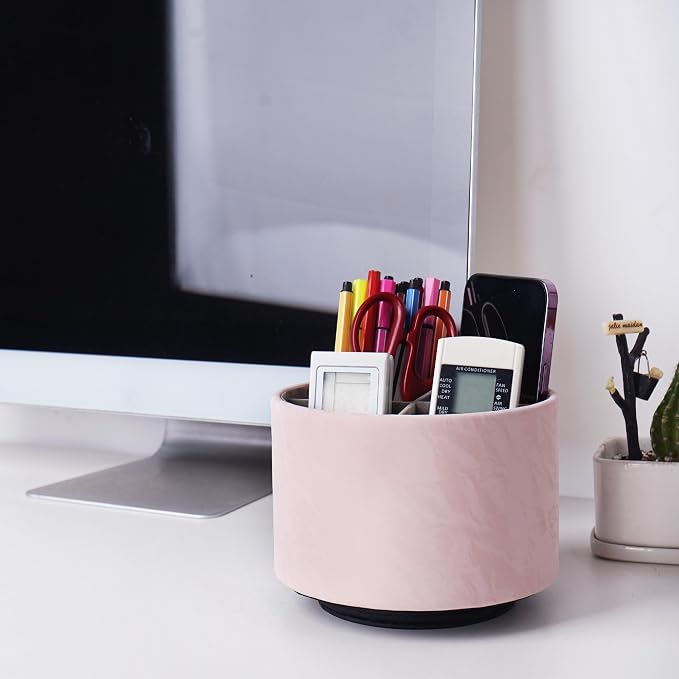 Round Leather Art Supply Organizer,Remote Control Holder,360 Degree Spinning,Multi-Functional Pencil Holder,4 Compartments Desktop Stationary Organizer(1-Hill Pink)